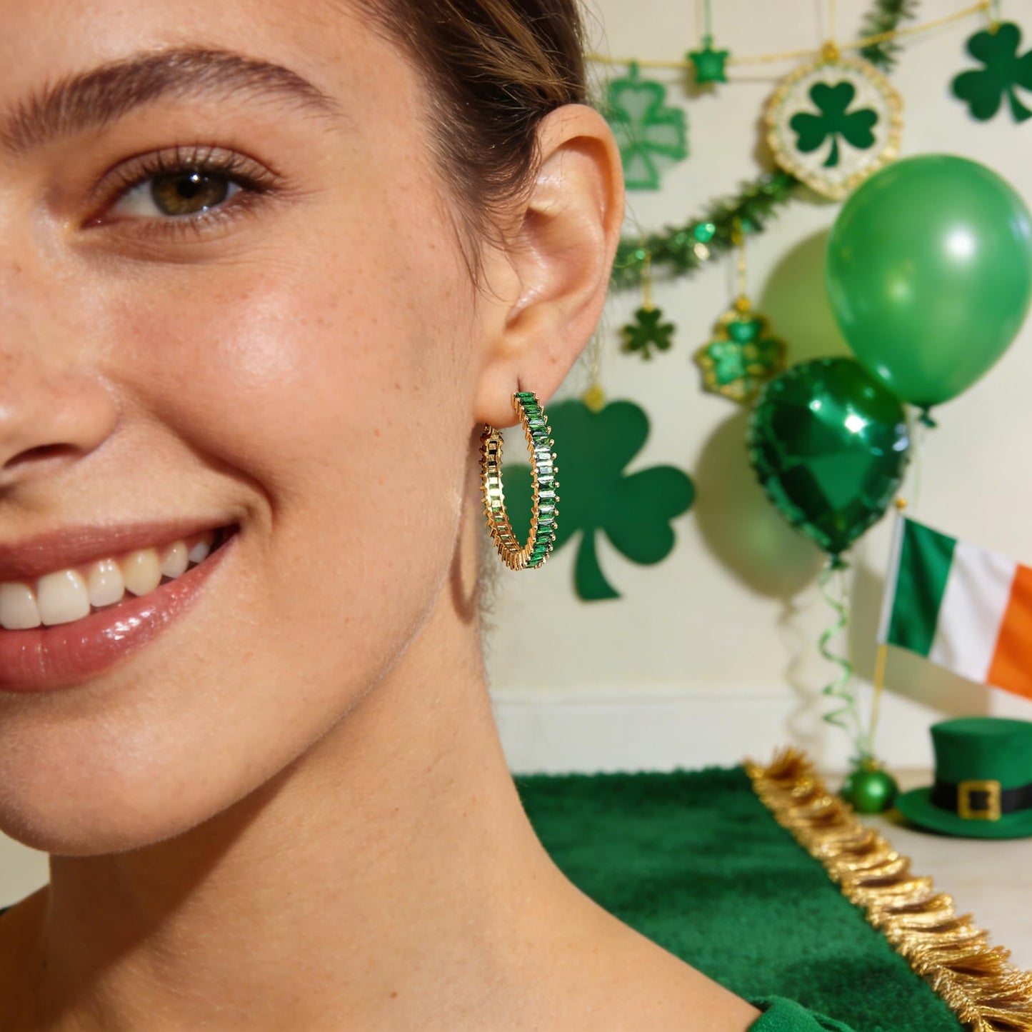 GLOQUAT Gold Green Hoop Earrings St Patrick's Day Green Accessories 14K Gold Plated Earring for Women Vintage Baguette Cubic Zirconia Hoop Earring Fashion Round Circle Hoops St. Pat's Day Jewelry 35mm