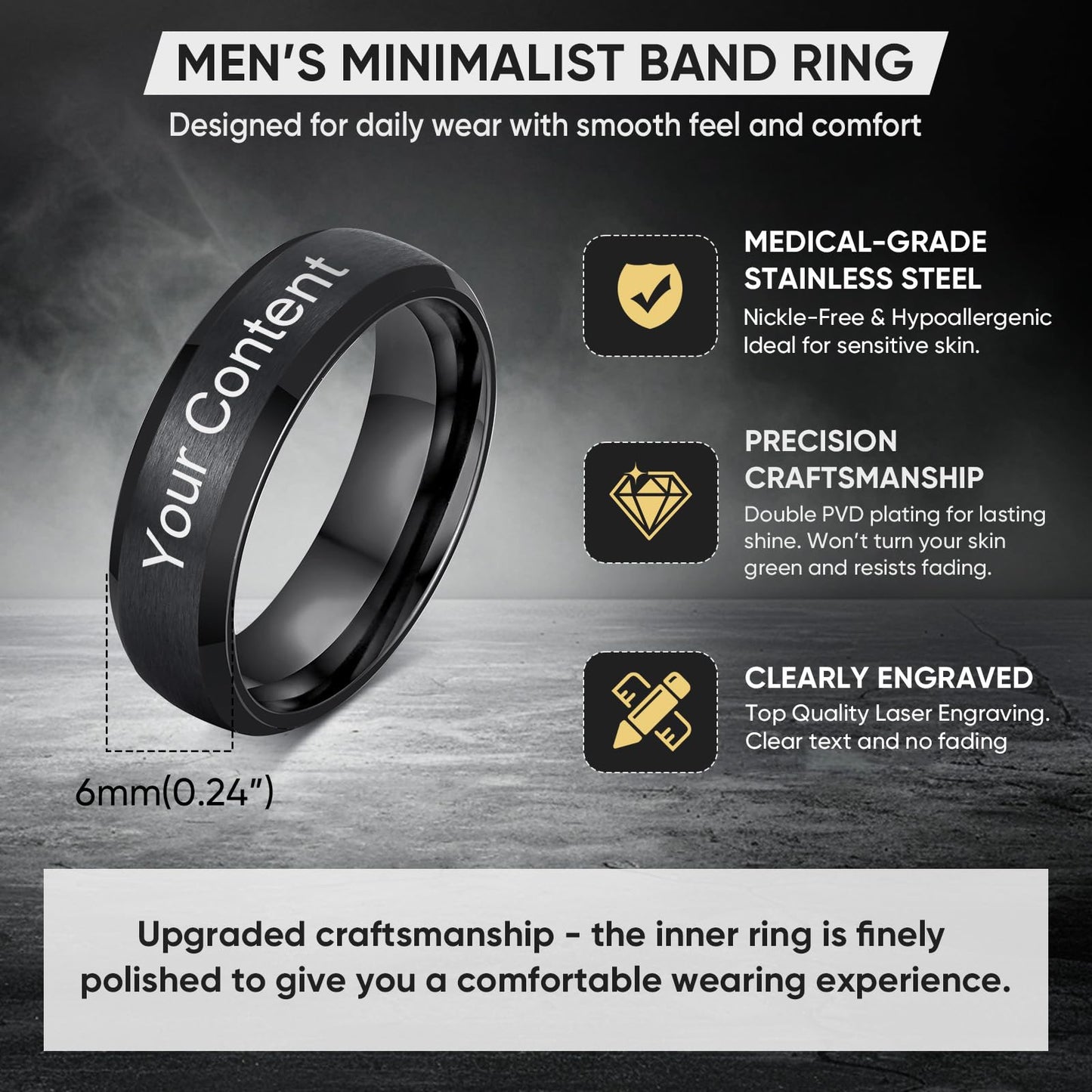 VNOX Customize Jewelry-6MM Black Stainless Steel Beveled Edge Matte Brushed Finish Rings for Men Women,Size 11