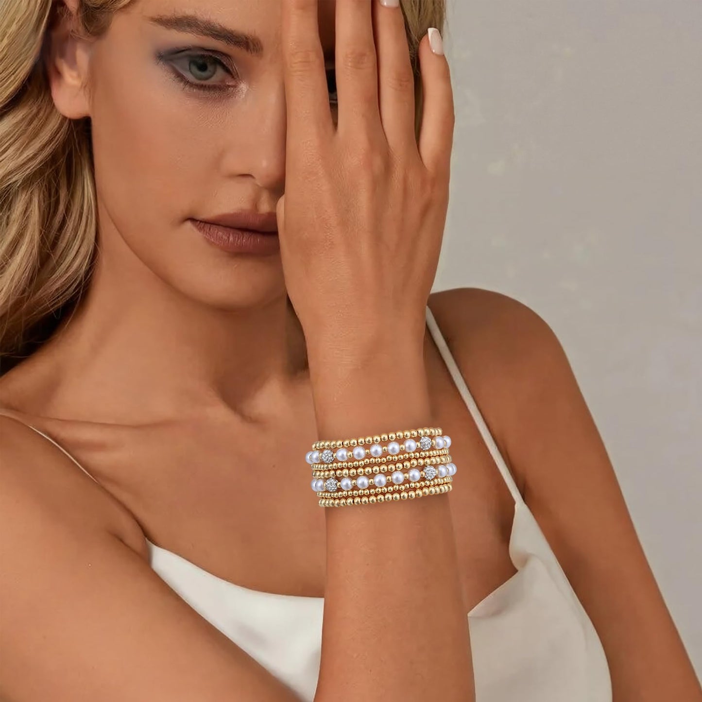 Sajidos Gold Plated Beaded Bracelets for Women Trendy, 14K Gold Plated Stack Cross Pearl Gold Plated Bead Stretch Bracelets Set Elastic Hypoallergenic Bracelets Jewelry Gifts (style20)