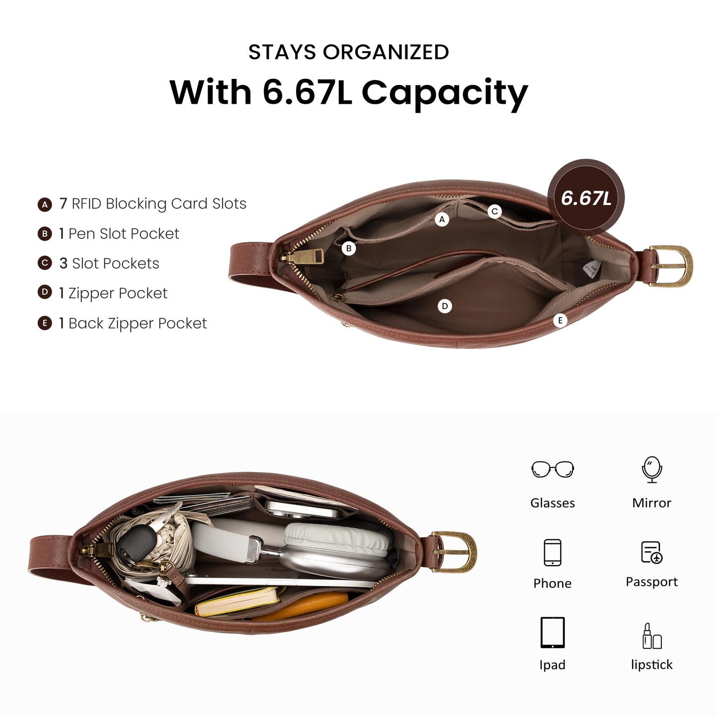 befen Genuine Leather Crossbody Bags for Women Brown Shoulder Bag Soft Leather Purse for Women Medium Size Shoulder Bag with 7 RFID Blocking Card Slot Hobo Crossbody Bags with Adjustable Strap