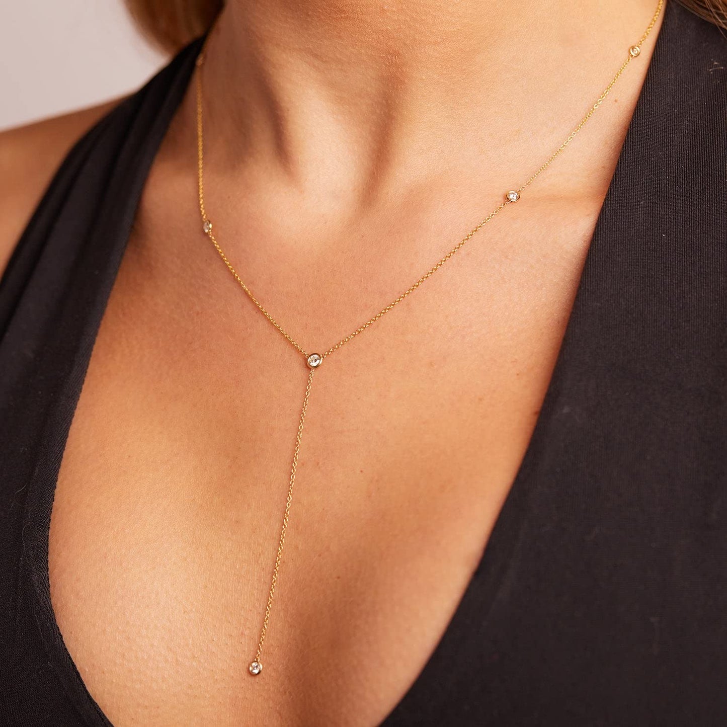 JIKASI Dainty Gold Necklaces for Women, Gold Long Necklace 14K Gold Plated CZ Drop Prom Bead Lariat Drop Chain Necklace Y-Shaped Station Chain Choker Trendy Wedding Jewelry Gifts
