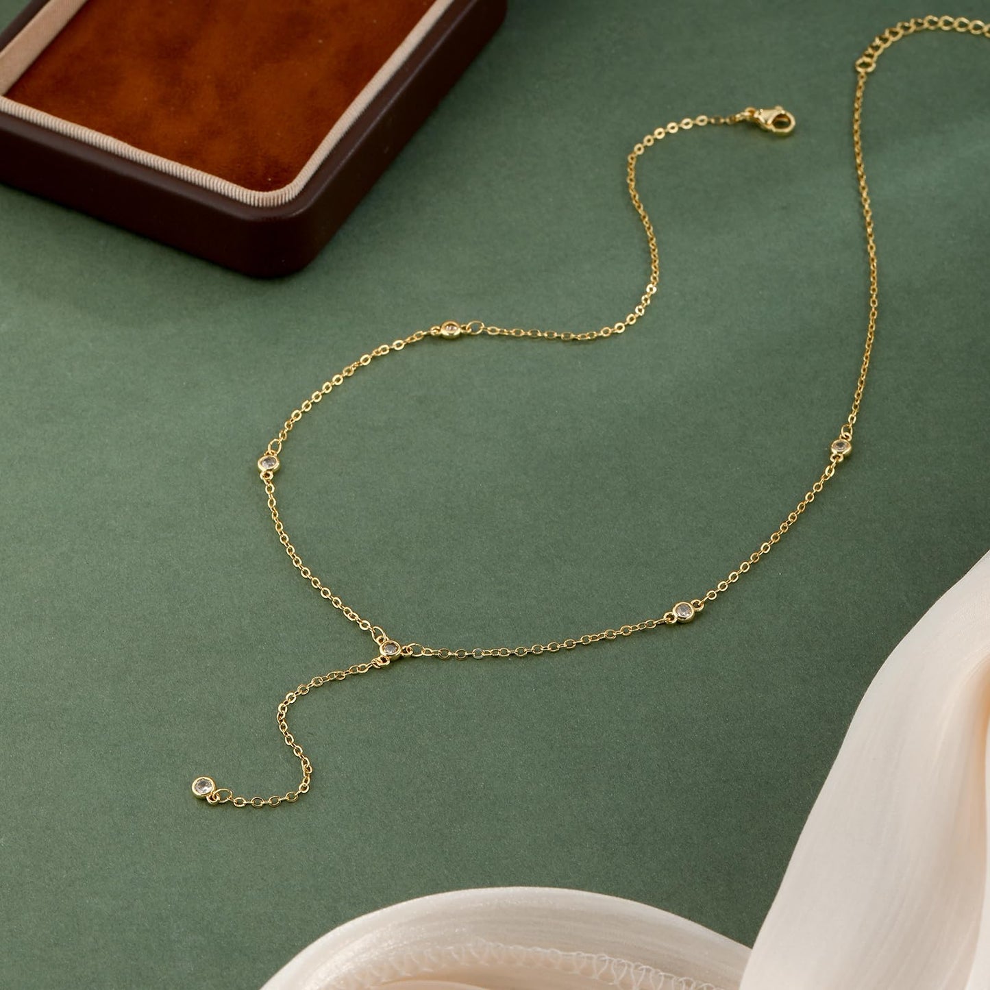 JIKASI Dainty Gold Necklaces for Women, Gold Long Necklace 14K Gold Plated CZ Drop Prom Bead Lariat Drop Chain Necklace Y-Shaped Station Chain Choker Trendy Wedding Jewelry Gifts