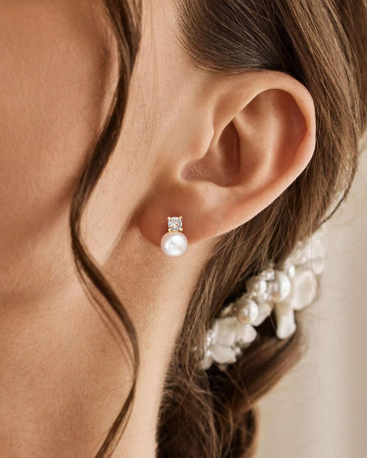 PRTGL Pearl Earrings - 14K Gold Plated Pearl Cubic Zirconia Wedding Earrings for Brides Bridesmaid Women