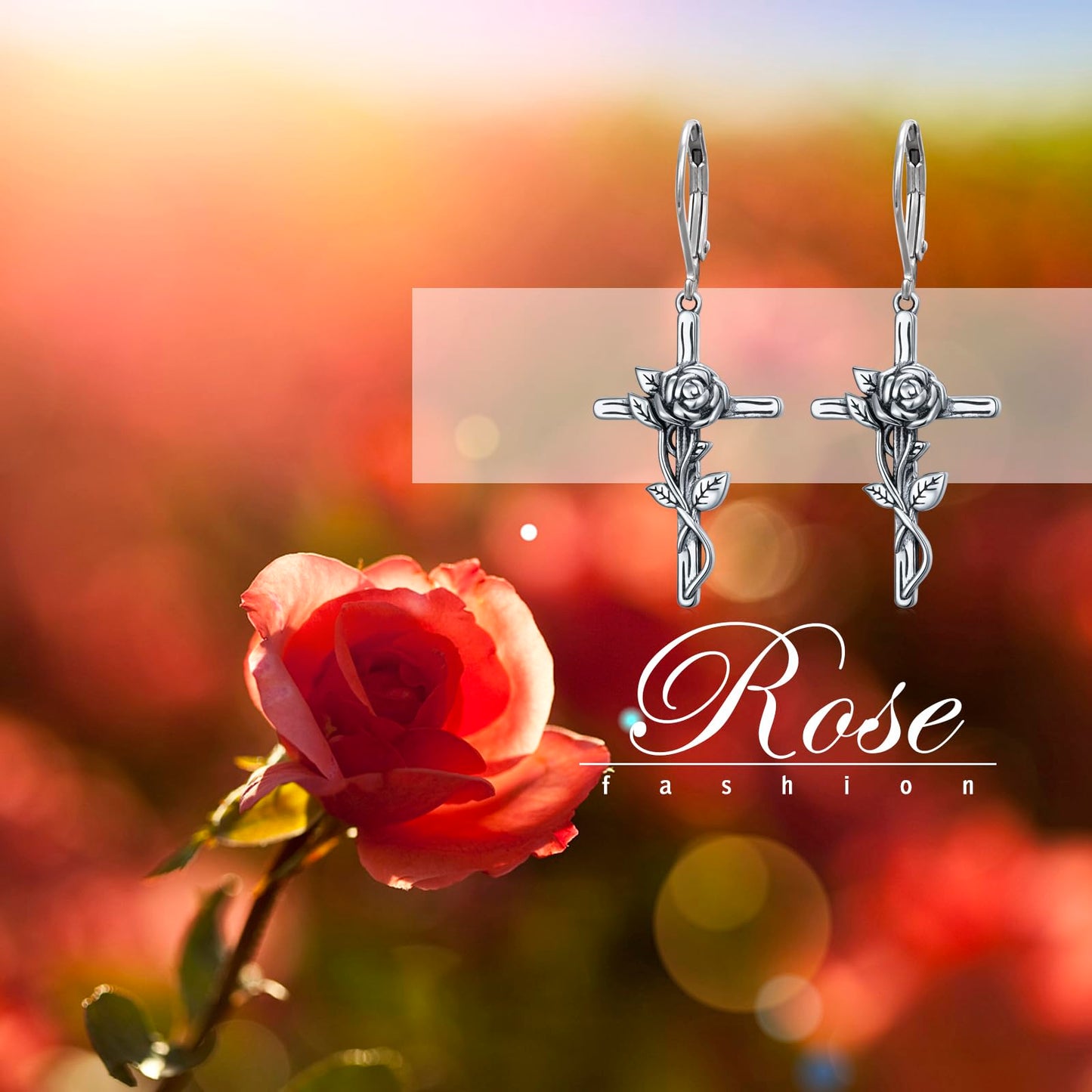 SHAOAN Rose Flower Cross Dangle Earrings for Women 925 Sterling Silver Earring Jewelry Gifts for Christmas Valentine's Day Birthday