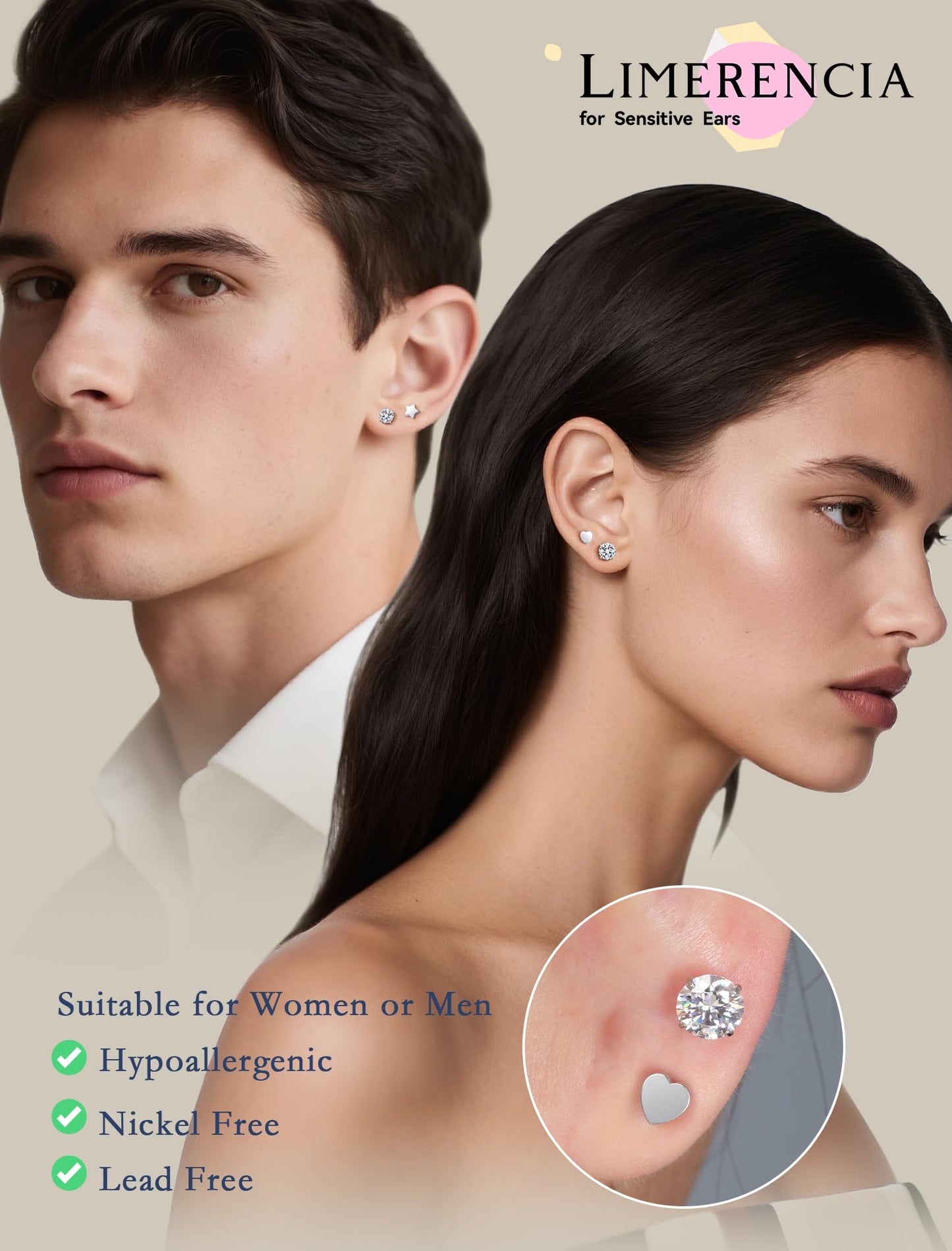 Limerencia Moissanite Stud Earrings for Women Men, F136 Hypoallergenic Titanium Earrings for Sensitive Ears, 18K White Gold Plated Heart Flat Back, D Color VVS1 Clarity, GRA Certificate