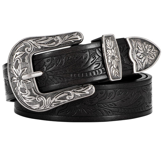 SANSTHS Western Belt For Women, Womens Cowboy Belt For Pants Jeans With Vintage Floral Carved Design, Black L