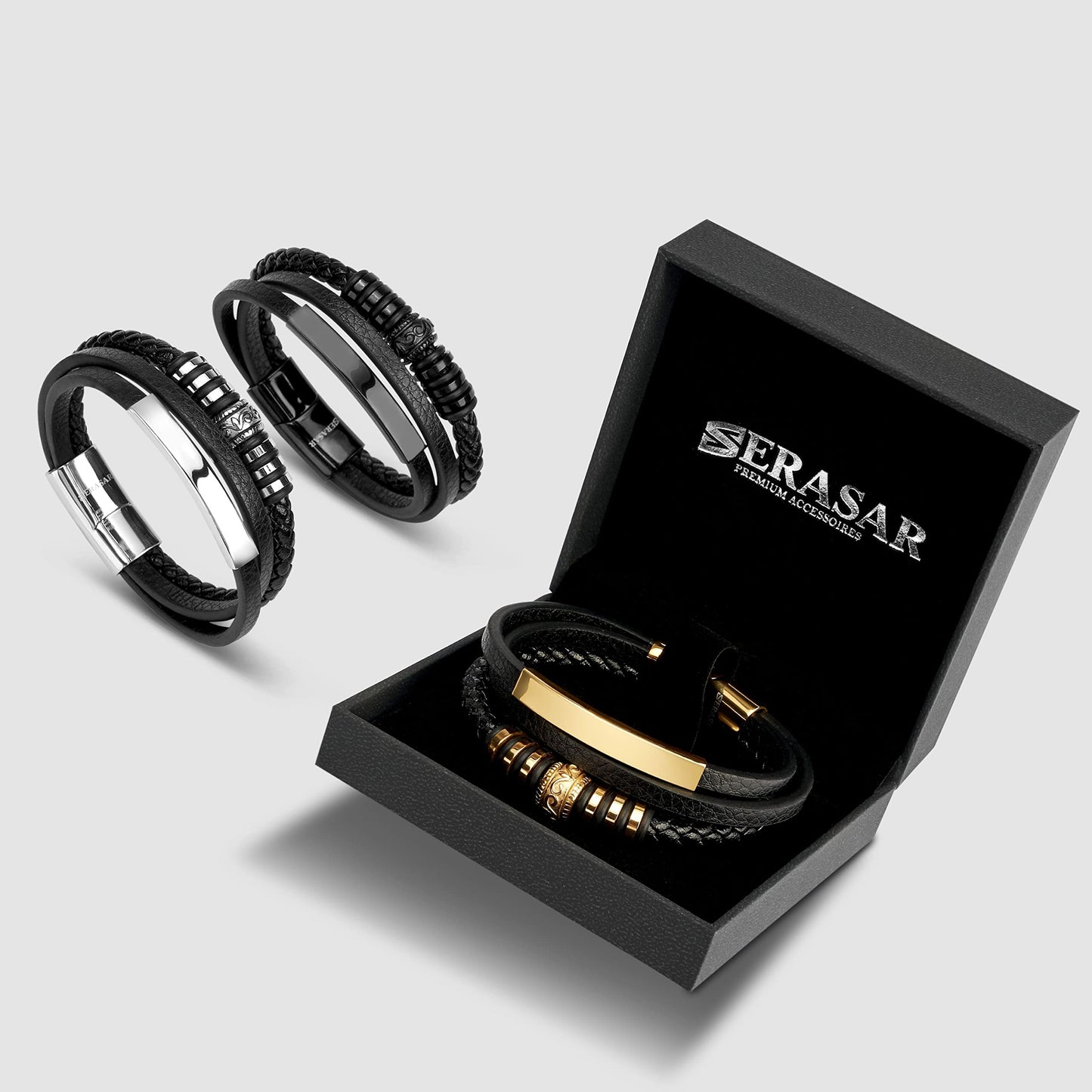 SERASAR Mens Bracelets Leather and Steel Gold Men Bracelet Cowhide Gift Box Braided Stainless Jewelry Wrist Band Cuff Wrap Rope Bangle Dad Man Pulseras para Hombres Cuero Regalo