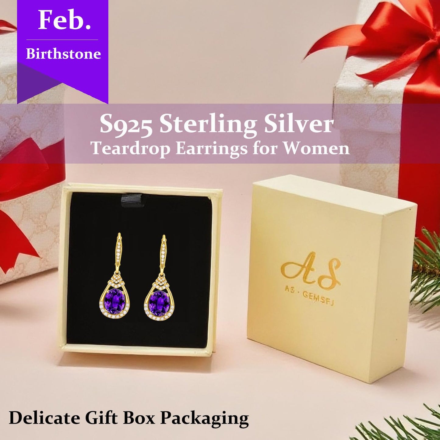 Purple Amethyst Earrings for Women 18K Gold Plated February Birthstone Teardrop Dangle Earrings Sterling Silver Leverback Drop Formal Earrings Evening Wear Birthday Gifts
