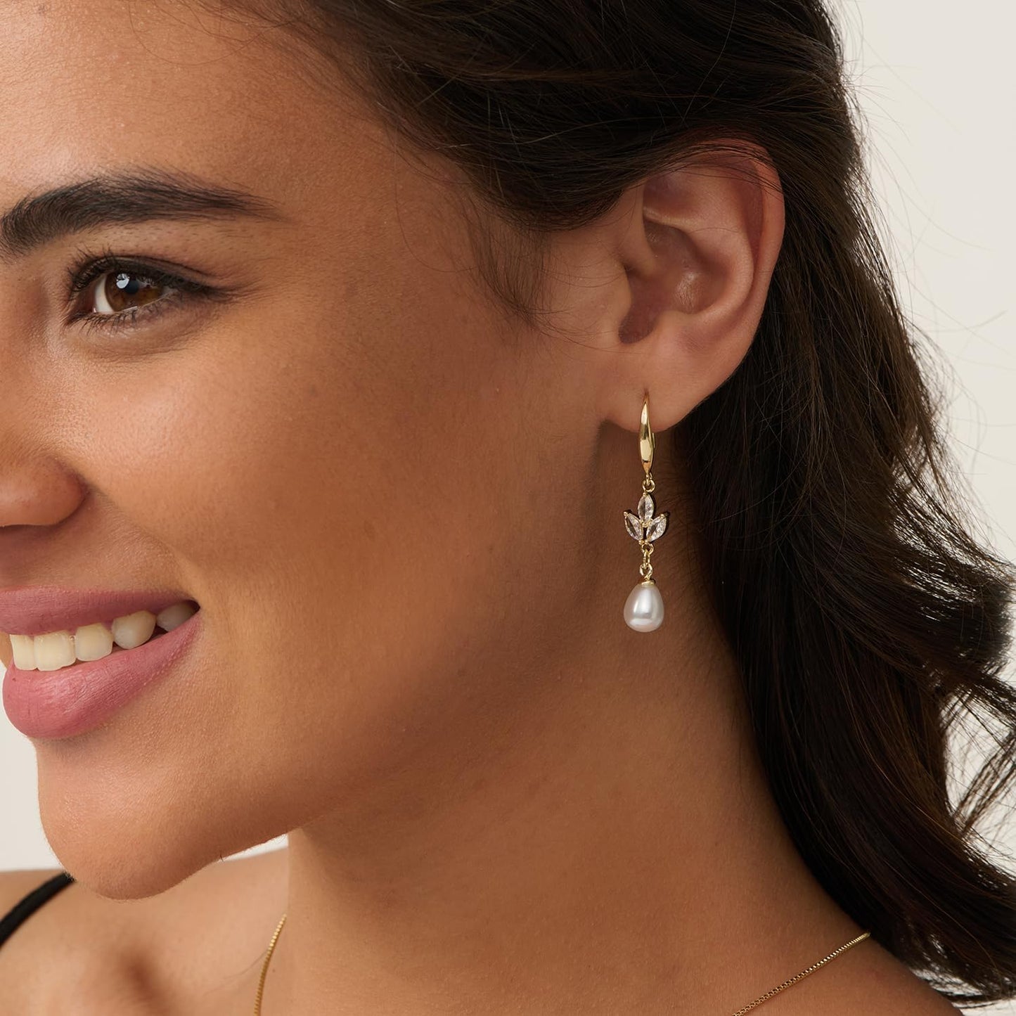 PRTGL Pearl Earrings: 14k Gold-plated Cubic Zirconia Accented Pearl Dangle Wedding Engagement Earrings For Women Bridal Bridesmaid Fish Hook