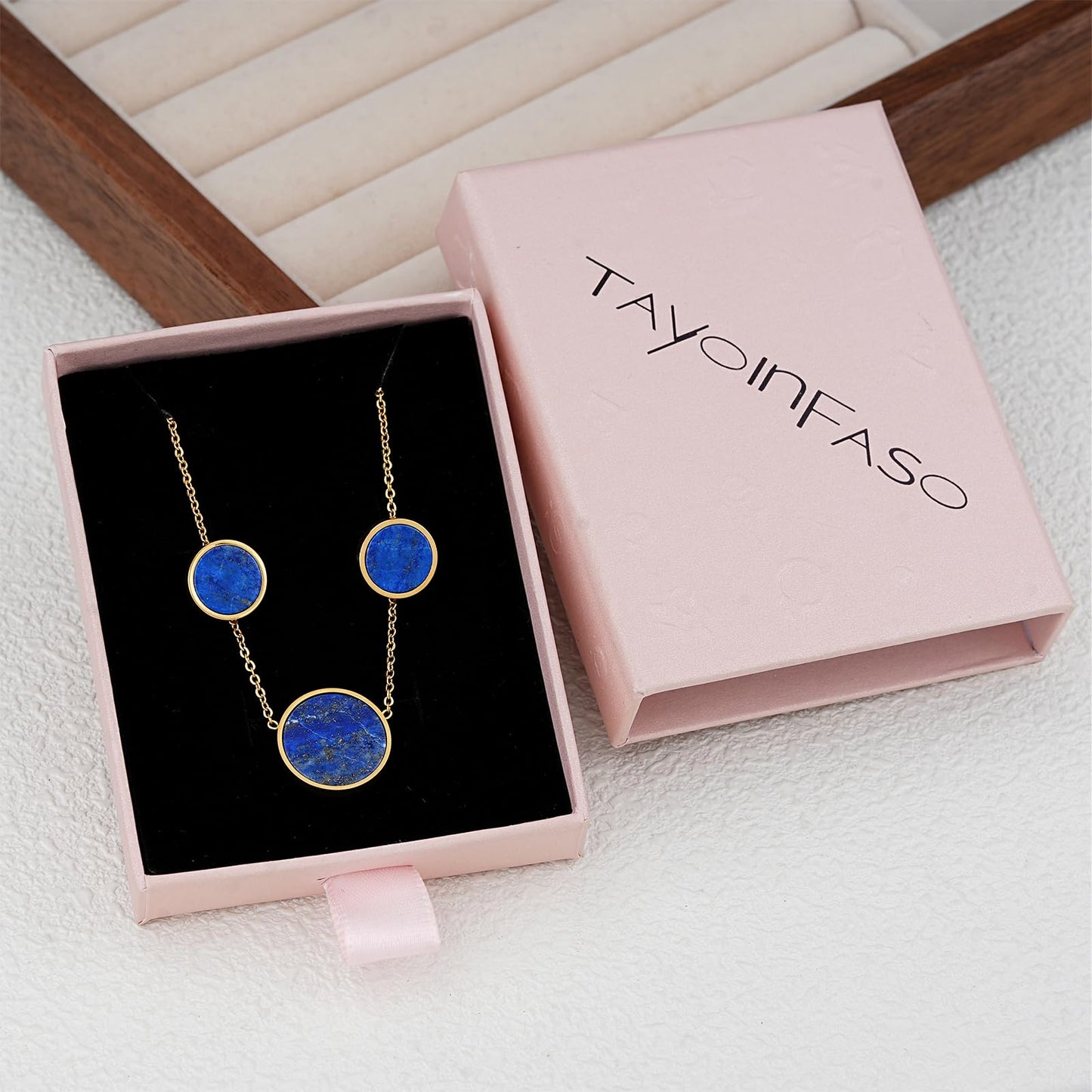 TaYolnFaSo Round Lapis Lazuli Jewelry Set for Women 18K Gold Plated Lapis Lazuli Necklace Studs Earrings Set Dainty Jewelry Gift