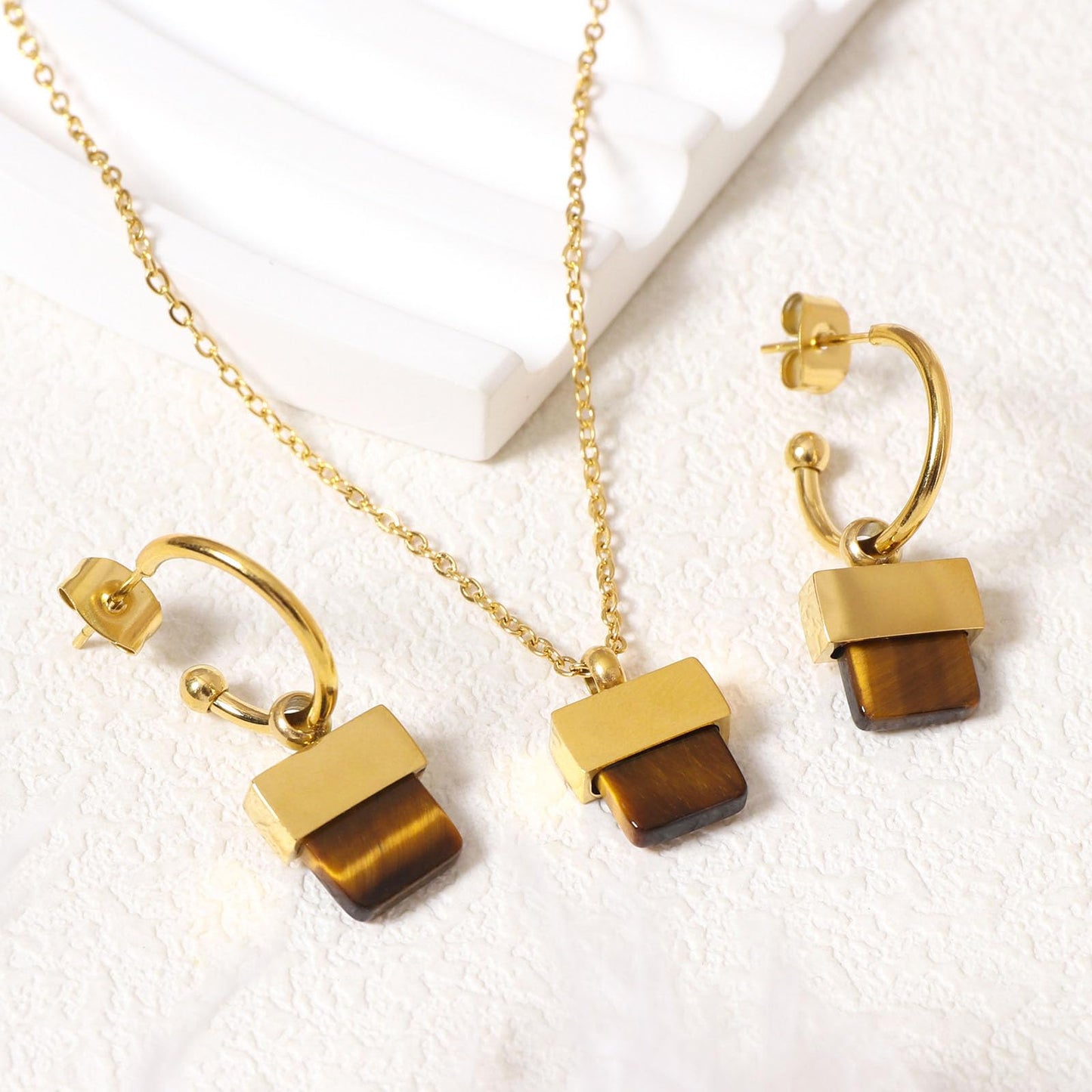 TaYolnFaSo Natural Tiger Eye Necklace and Earrings Set for Women 18K Gold Plated Tiger Eye Jewelry Set Square Gemstone Jewelry Gift