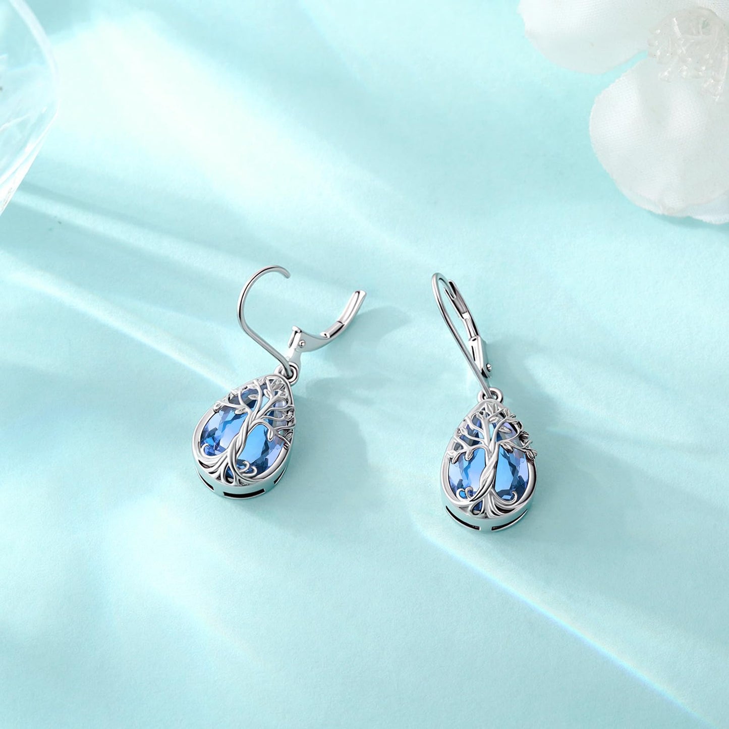 Eusense Tree of Life Earrings 925 Sterling Silver Drop Dangle Earrings for Women with Sapphire Teardrop Birthstone Jewelry Leverback Sterling Silver Jewelry Gift