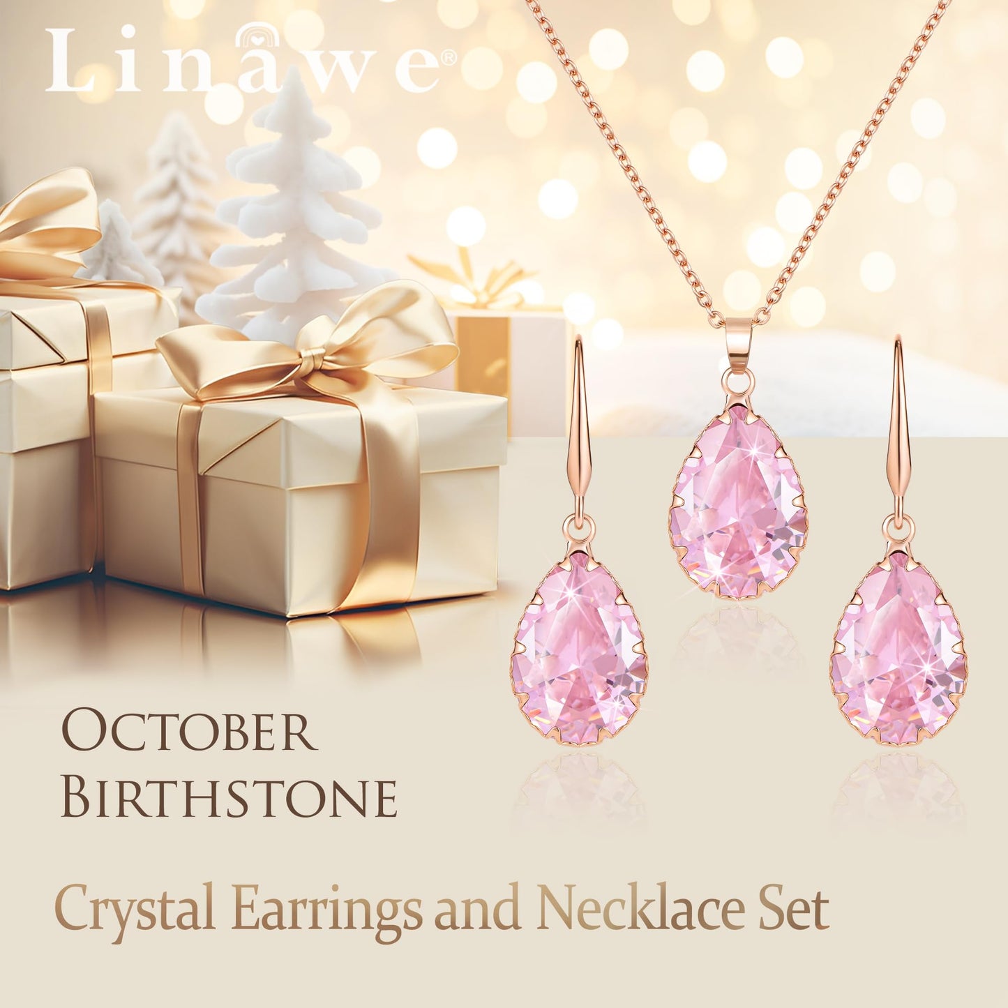Linawe Rose Gold Pink Jewelry Sets, Crystal Pendant Necklace Set Pink Earrings Dangling Imitation Diamond Rhinestone Cubic Zirconia Birthstone Teardrop Dangle Matching Wedding Set