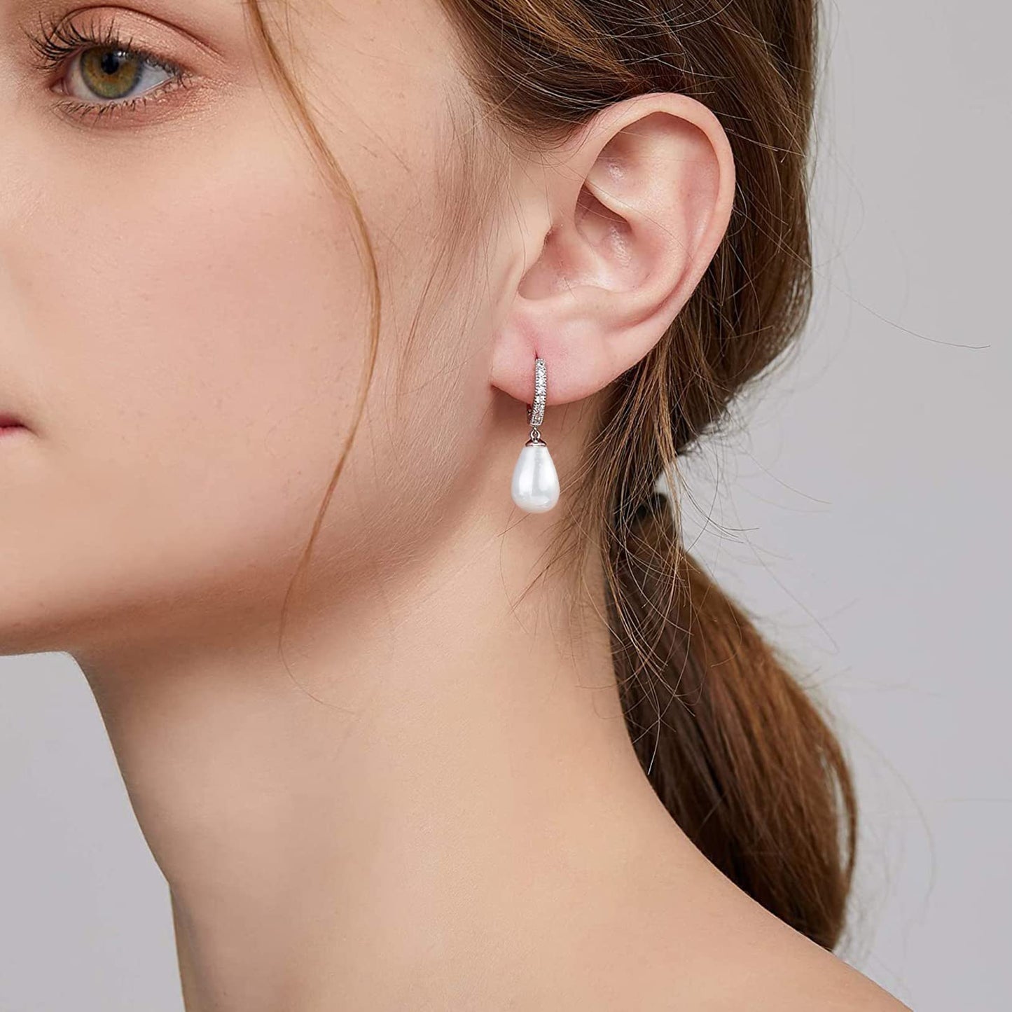 CERSLIMO Sterling Silver Pearl Drop Earrings for Women, S925, Hypoallergenic, 30mm Length, 13mm x 10mm Pearl Size, Hoop Inner Diameter 10mm