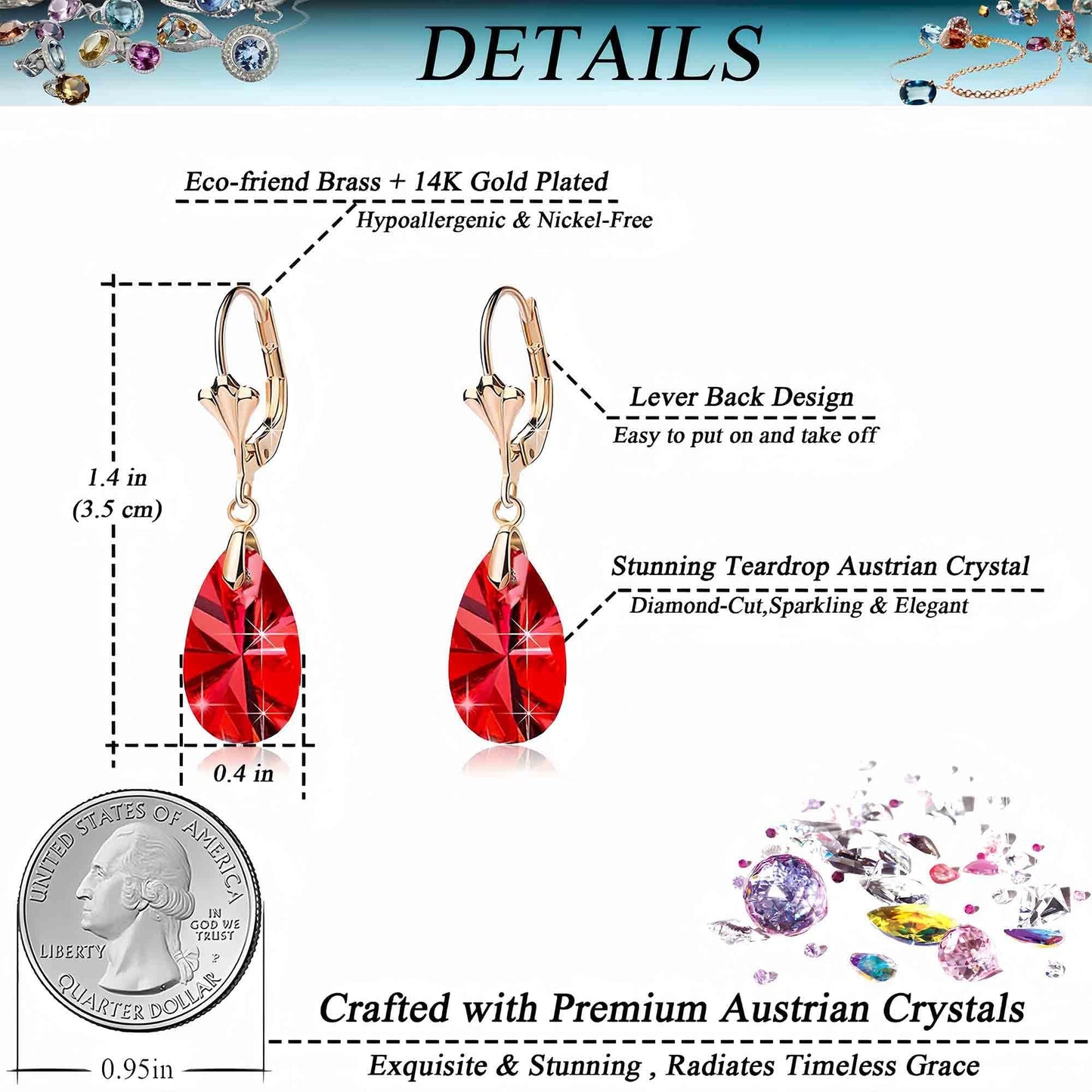Austrian Crystal Teardrop Leverback Dangle Earrings for Women Fashion 14K Gold Plated Hypoallergenic Jewelry (Red)