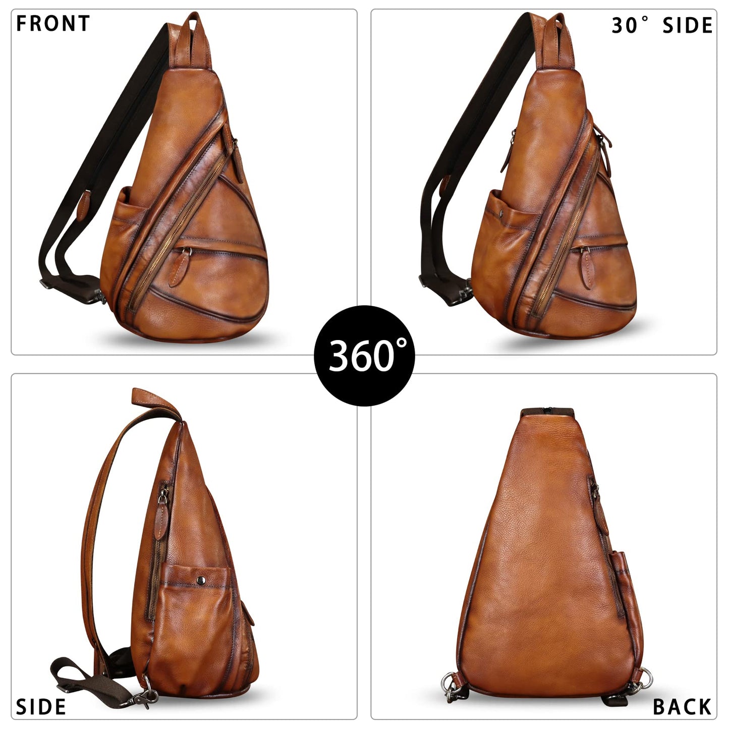 FEIGITOR Genuine Leather Sling Bag Retro Crossbody Backpack Handmade Chest Shoulder Hiking Daypack Cycling Purse Fanny Pack (Brown)