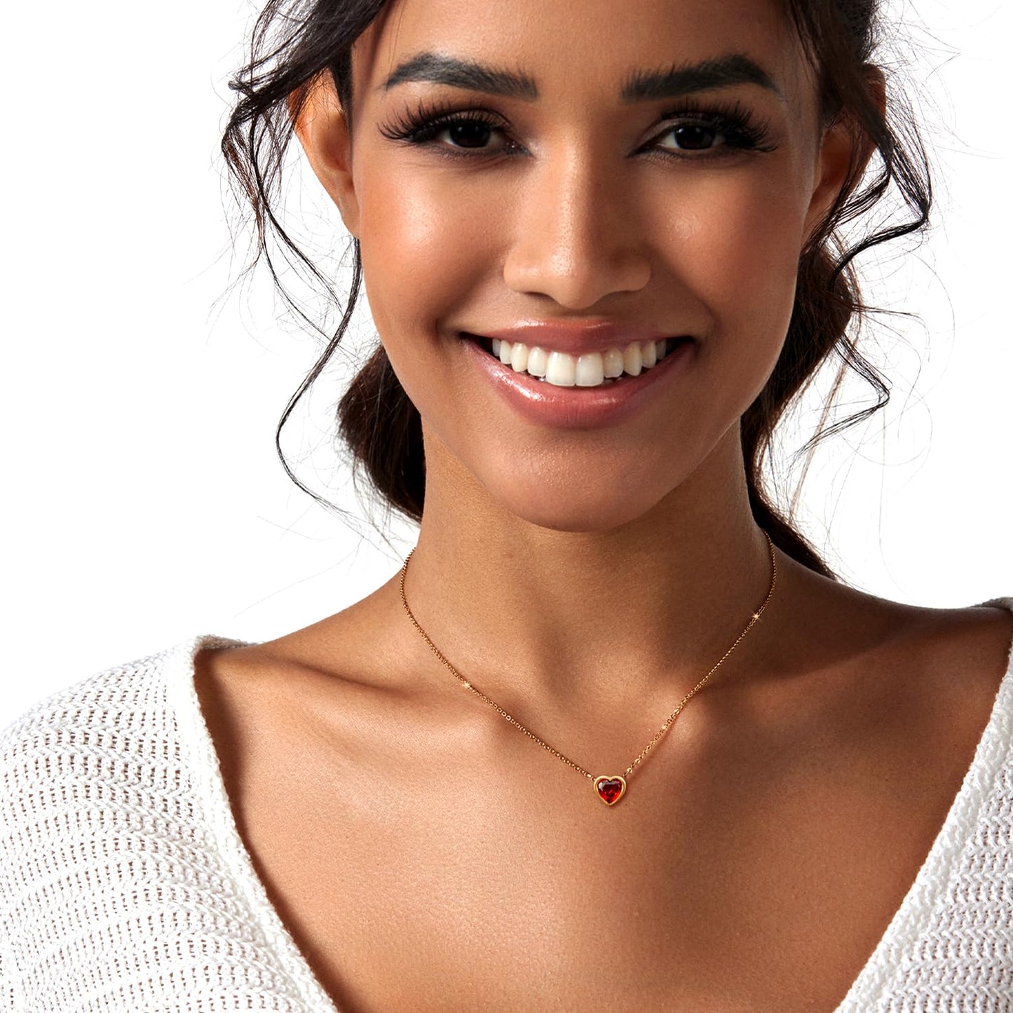 Zeffy Red Heart Necklace for Women, Tiny Red Crystal Heart Love Pendant Choker Necklace Dainty Birthstone Jewelry Anniversary Birthday Valentines Gifts