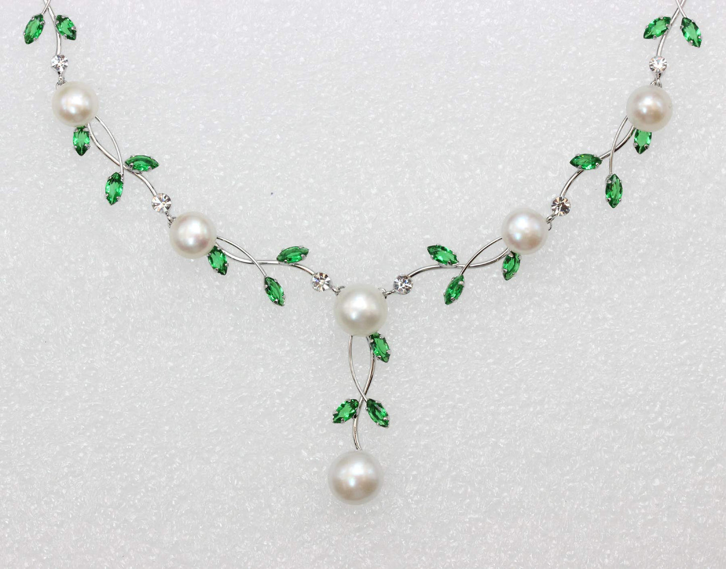 Faship Green CZ Crystal Genuine Freshwater Pearls Floral Necklace Earrings Set - Green
