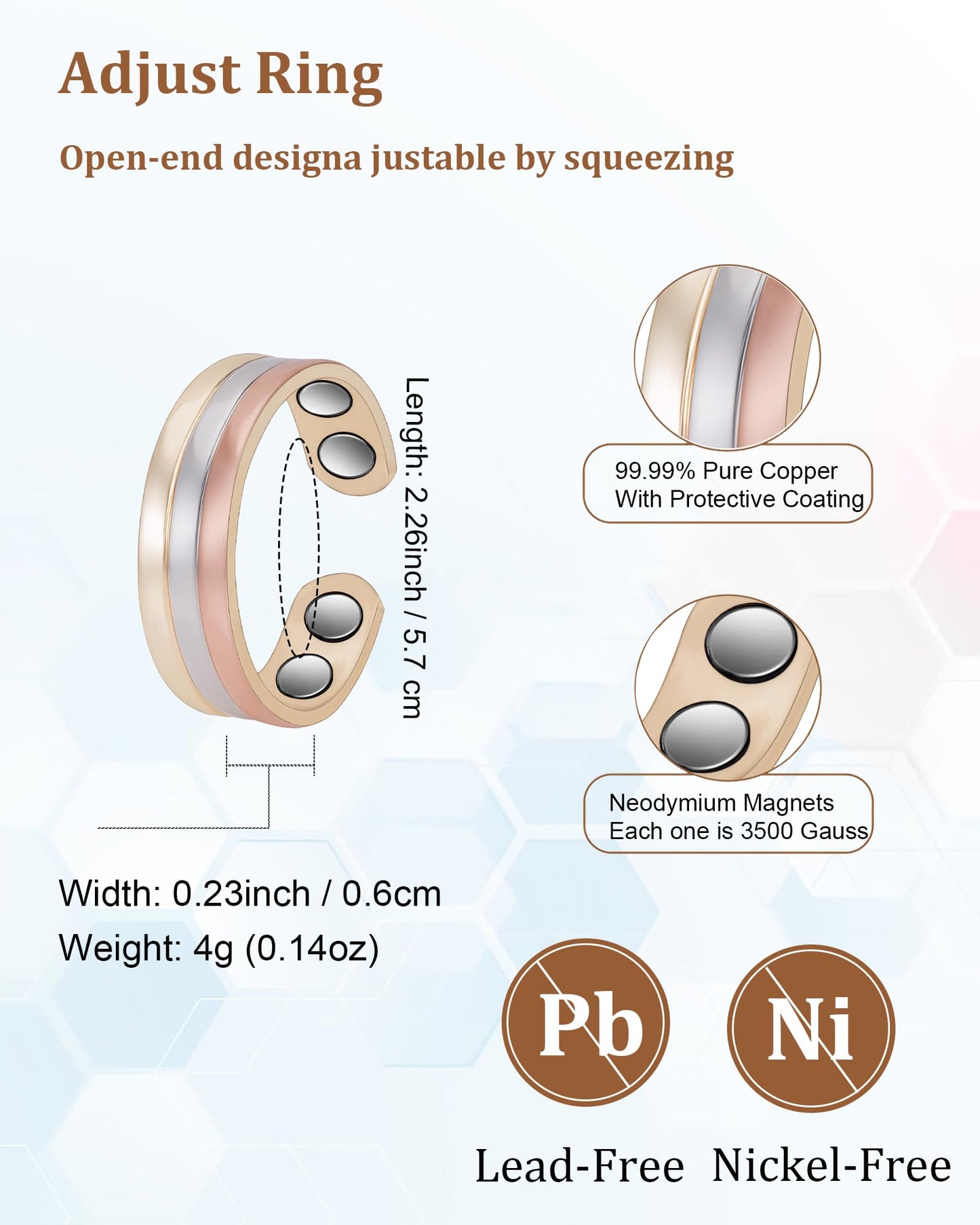 EnerMagiX Copper Rings for Women, 99.9% Pure Copper Magnetic Ring, Women's Jewelry Gifts(Tricolor Gold)