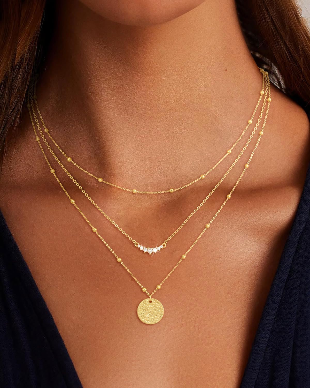 CHESKY 14K Gold Plated Layered Necklaces for Women,Stackable Dainty CZ Bar Disc Pendant Necklace Adjustable Layering Beads Chain Choker Necklace Jewelry Gifts