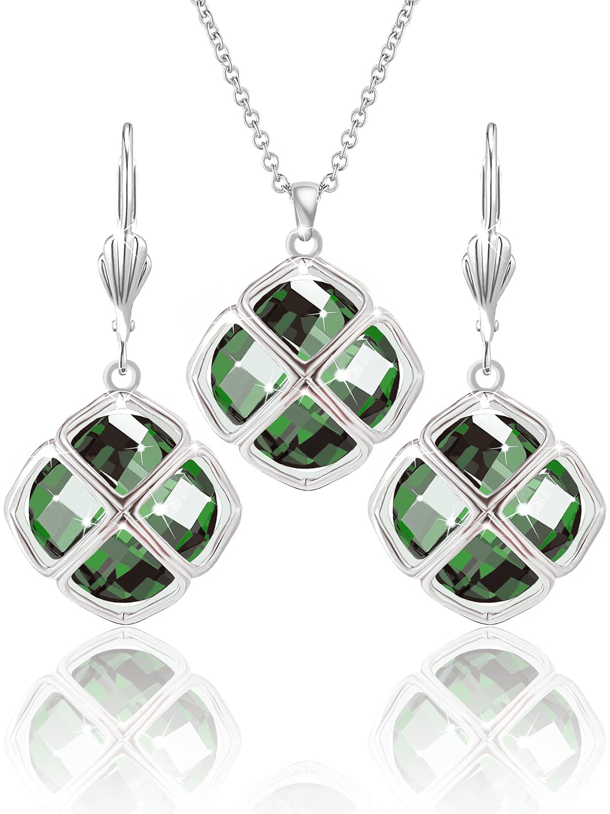 Qinpan 14MM Crystal Pendant Dangle Necklace Earrings Sets for Women Glod Plated Costume Jewelry, 38*17.8mm, Platinum, Emerald