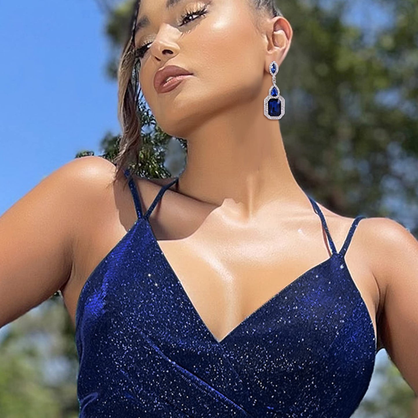 BriLove Wedding Bridal Dangle Earrings for Women Emerald Cut Crystal Infinity Figure 8 Chandelier Jewelry Navy Blue Sapphire Color Silver-Tone