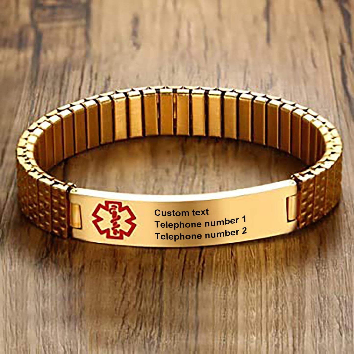 Personalized Medical ID Bracelets for Men - Custom Emergency Alert Bracelet for Women Engraved Medic Info Elastic Stainless Steel Bracelets for Family Autism Allergy Diabetic Epilepsy (Gold, 18cm)