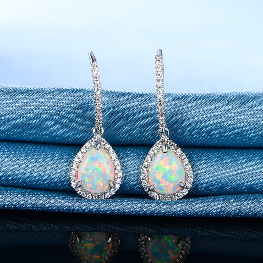 Gemsme 18K White Gold Plated Teardrop Opal and Cubic Zirconia Created Dangle Earrings For Women