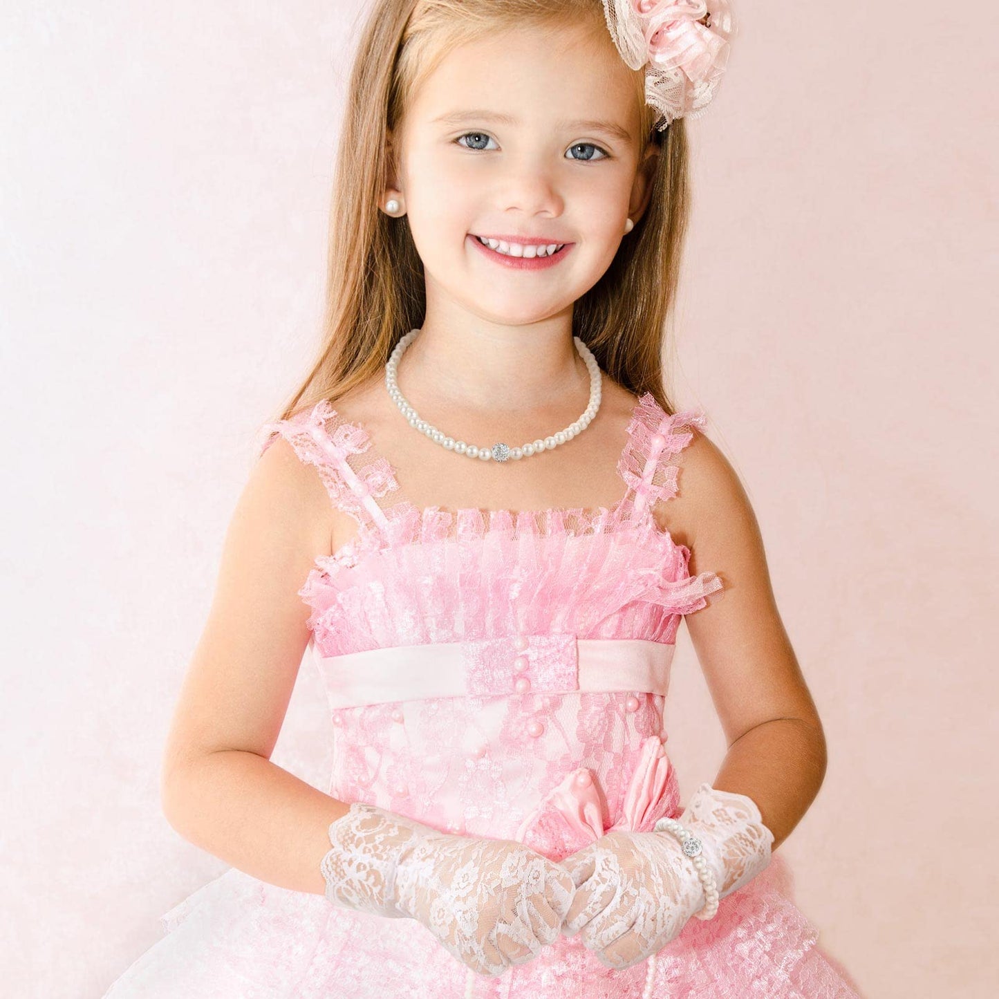 Geyoga 4 Pcs Pearl Necklace Set for Little Girls Toddler Girls Jewelry Communion Gloves for Kids Christmas Tea Party Wedding(Exquisite Style,8-12 Years)