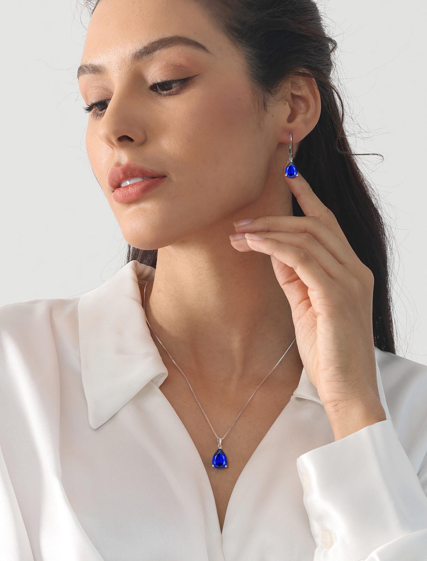 YL 925 Sterling Silver Teardrop Dangle Drop Earrings for Women 7x10 MM Solitaire Created Sapphire Leverback Jewelry