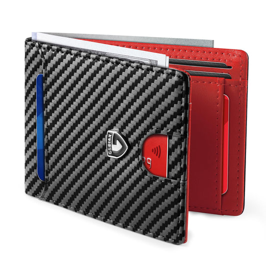 GSOIAX Slim Wallet for Men RFID Blocking Bifold Wallet Carbon Fiber Front Pocket Wallet with 11 Card Holder Minimalist Mens Wallet with Gift Box(Carbon Black and Red)