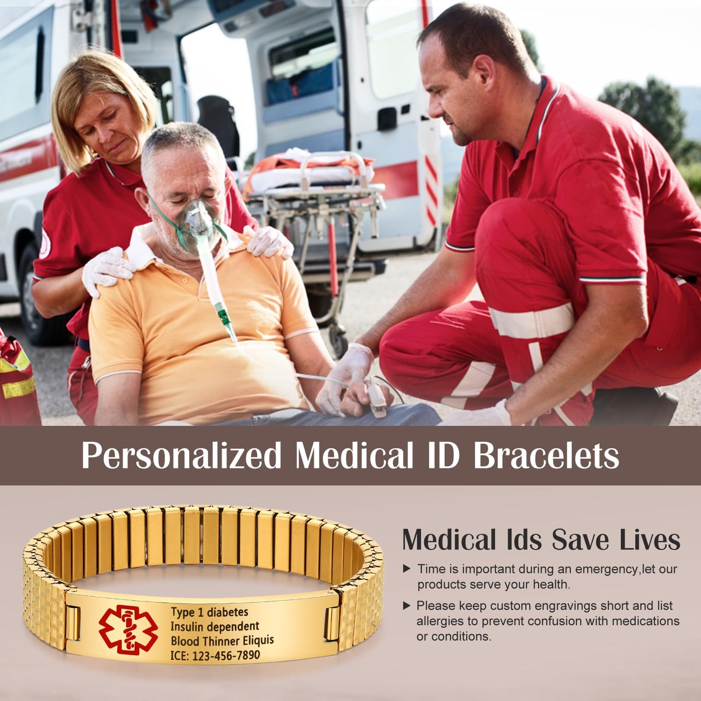 Bijouweled Medical Alert Bracelet for Women Men 7.5 to 9.8 Inches Emergency ID Bracelets Free Engraving Personalized Medic Alert Bracelet for Adult (Gold 7.3inch stretchable)