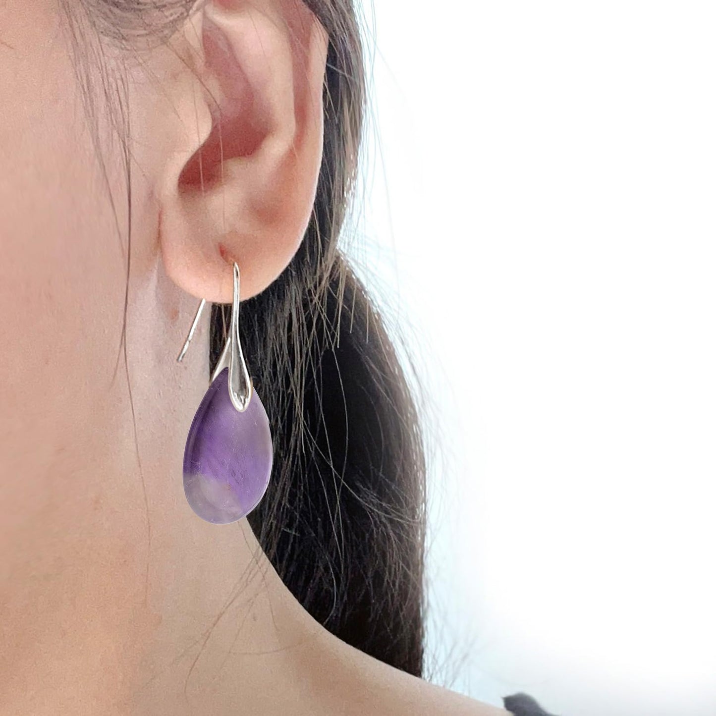 SELOVO Purple Teardrop Agate Stone Fishhook Red Stone Dangle Drop Earrings Silver Tone
