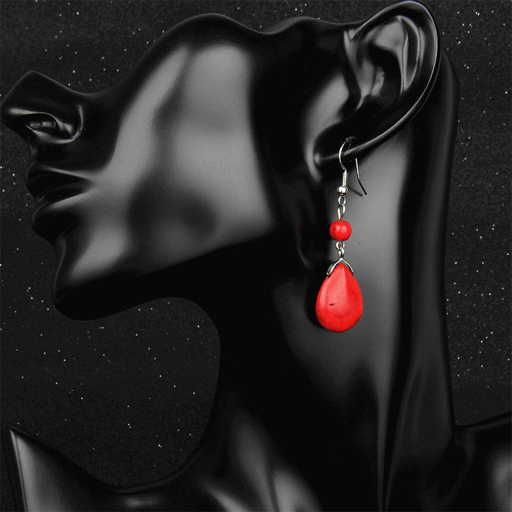 Double Lapis Lazuli Drop Earrings Natural Stone Round Bead Dangle Earrings for Women Fashion Jewelry Gift­ (F:red)