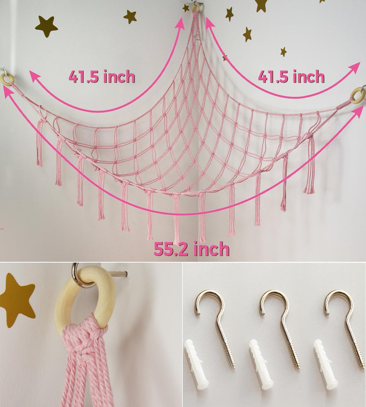 Skiennix Stuffed Animal Storage Hammock - Pink Corner Net Organizer for Teen Girls' Room Decor