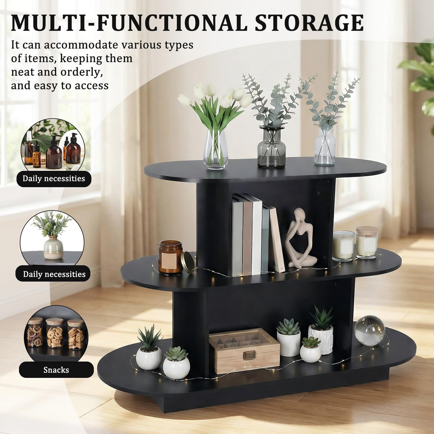 ASIEIT 3 Tier Wooden Oval Display Table Modern Standing Display Riser Shelf Retail Table for Stores Vendor Events 55in W x 23.6in D x 35in H (Black)