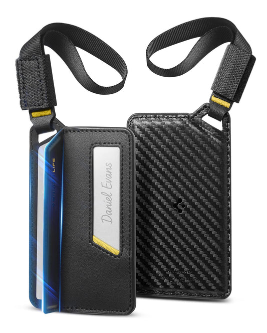 Spigen Life Luggage Tags Premium Velo Vegan Leather ID Label for Suitecase Travel Bag Accessories with Magnetic Closure Privacy Protection Design Durable Strap - Black (2 Pack)