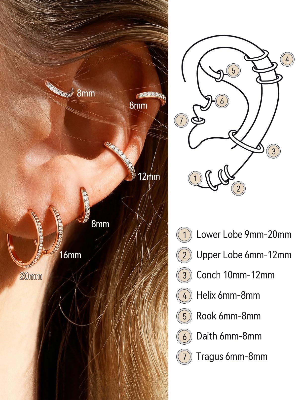 FaithHeart Cubic Zirconia Hoop Earrings for Women, Rose Gold Hypoallergenic Huggie Hoop Earrings, Small Cartilage Earrings for Women 20mm, Send Gift Box