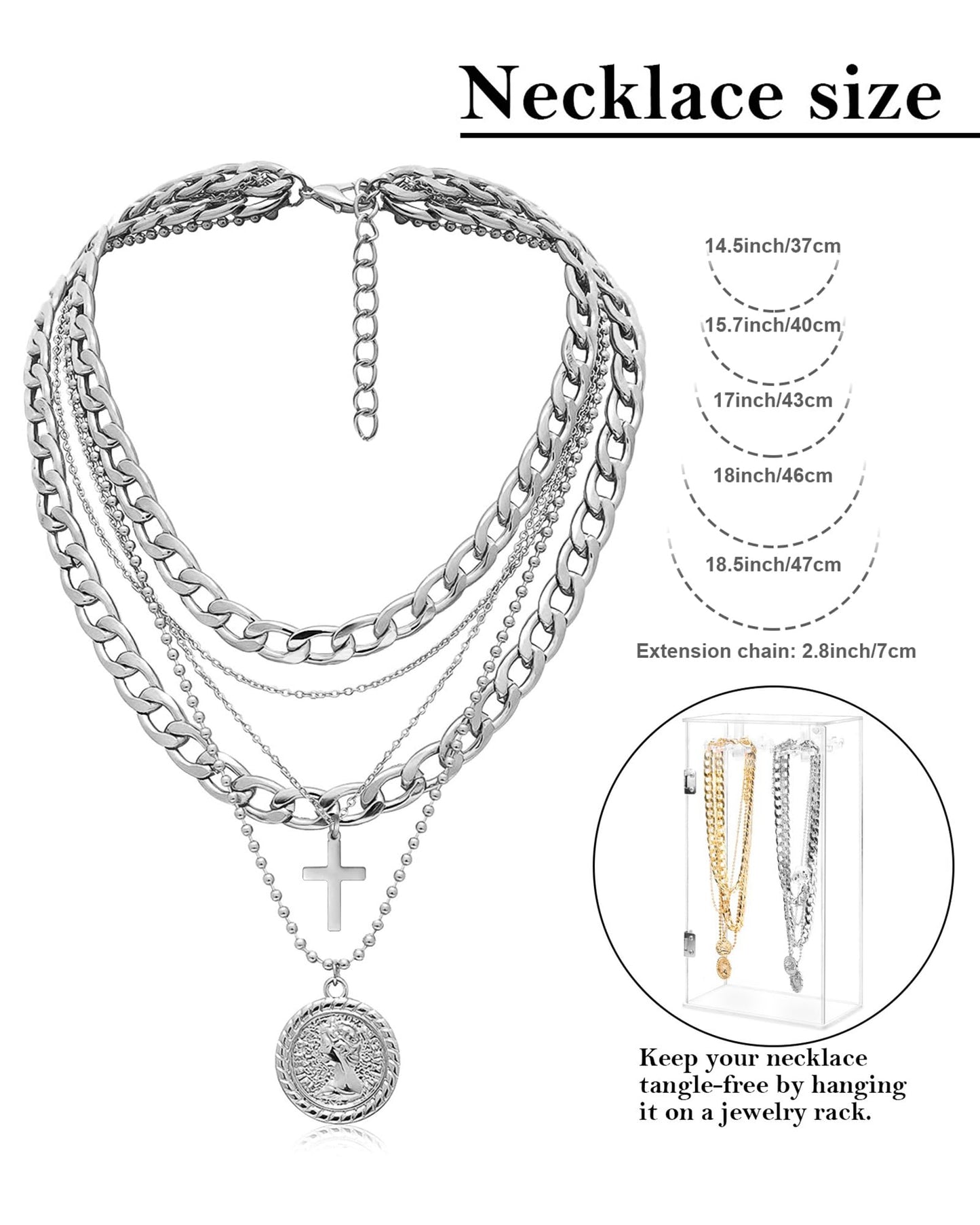 MJartoria Gold Layered Necklaces for Women Trendy Retro Coin Pendant Necklace Dainty Chunky Chain Choker Necklaces for Jewelry Birthday Gifts (Silver, A-Y-Retro Coin-Cross-5 in 1 Layered)