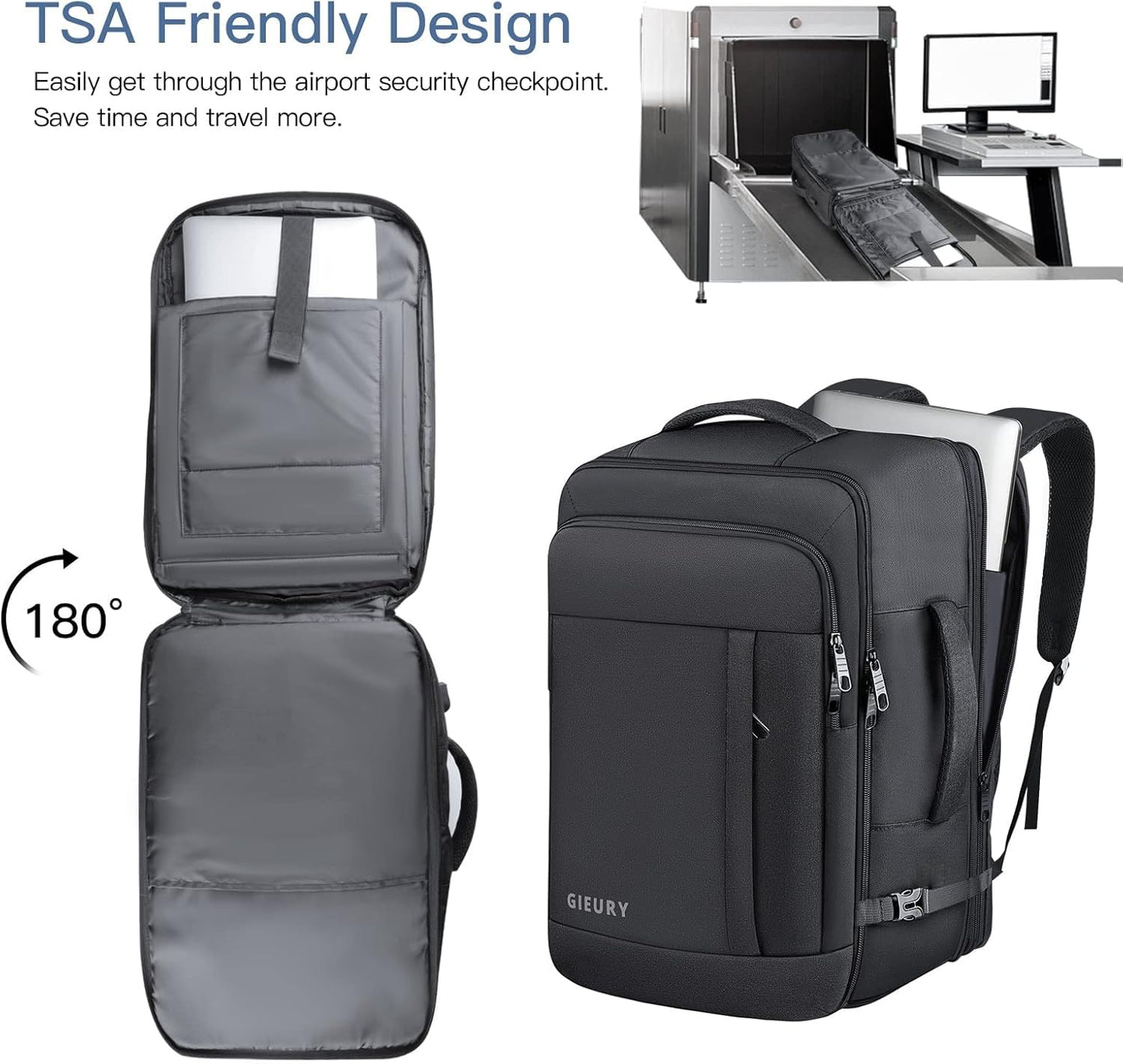 Gieury Carry On Backpack, 50L Travel Backpack, Luggage Backpack TSA Flight Approved Laptop Backpack for Men & Women, Large Expandable 40L Daypack Lightweight Business Weekender Bag, Black