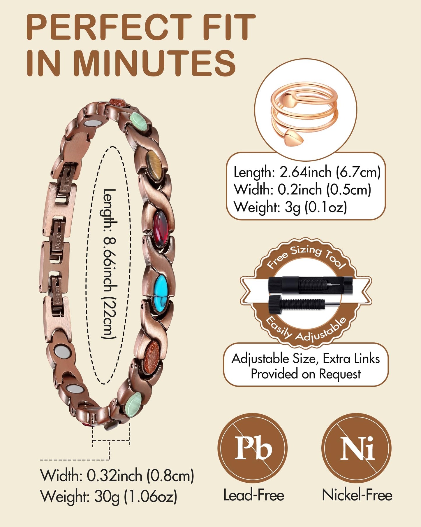 Feraco Pure Copper Bracelets & Ring for Women, Ultra Strength Magnetic Therapy Bracelet with 3800 Gauss Magnets, Natural Turquoise & Stones, Adjustable, Infinite Jewelry