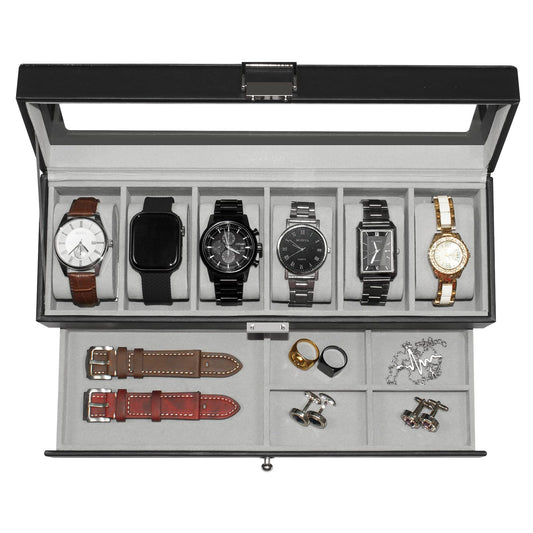 GLOBAL KA Watch Box for Men 6 Slot,Double Layer Mens Watch Case Display Organizer with Real Glass Top,Large Holder for 50mm Watches,PU Leather Jewelry Drawer Storage Valet Tray for Men,Black