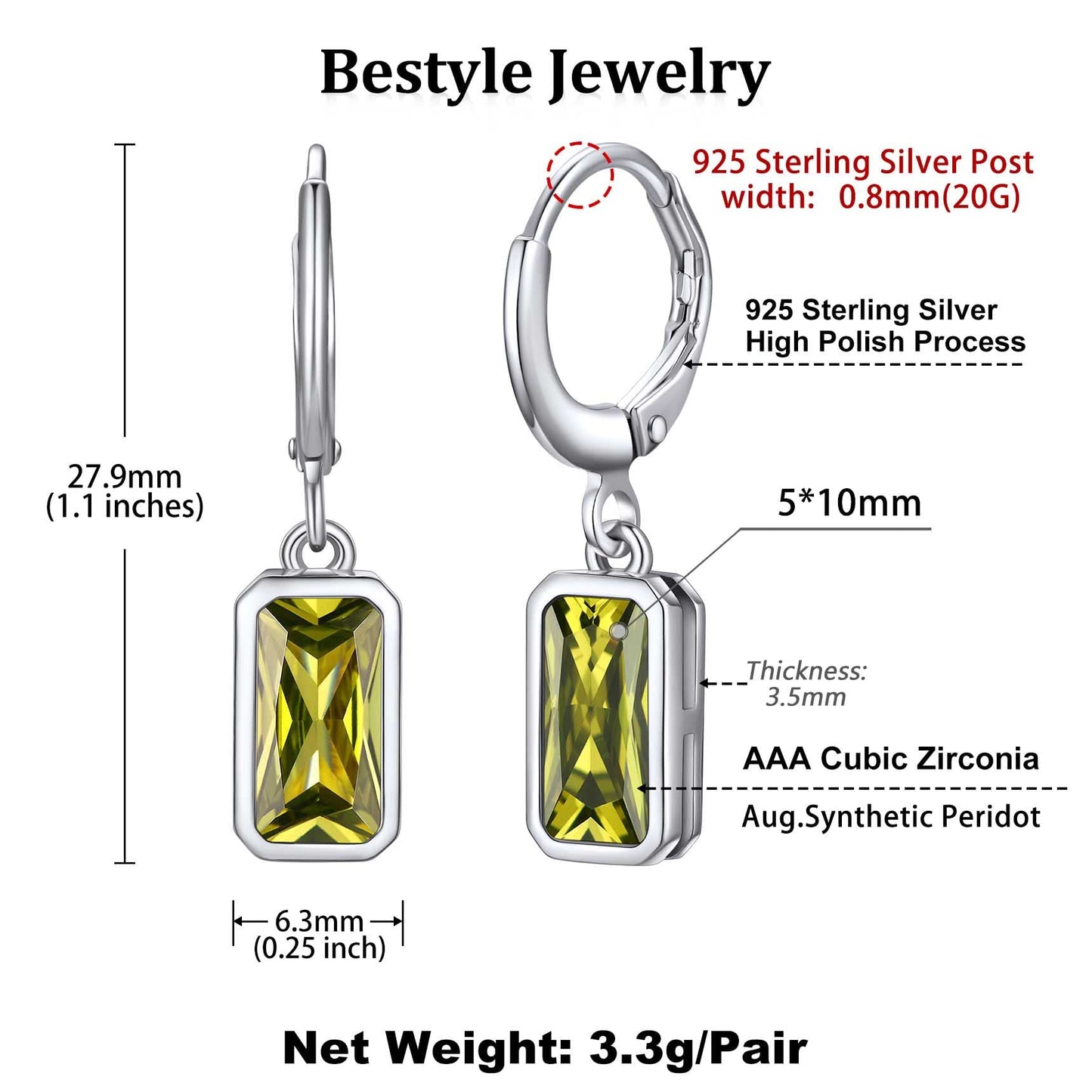 Bestyle Silver August Birthstone Drop Dangle Earrings - Created Peridot Baguette Earrings for Women - Dainty Cute Small Silver Huggie Hoop Dangle Earrings for Birthday Wedding Party Gowns