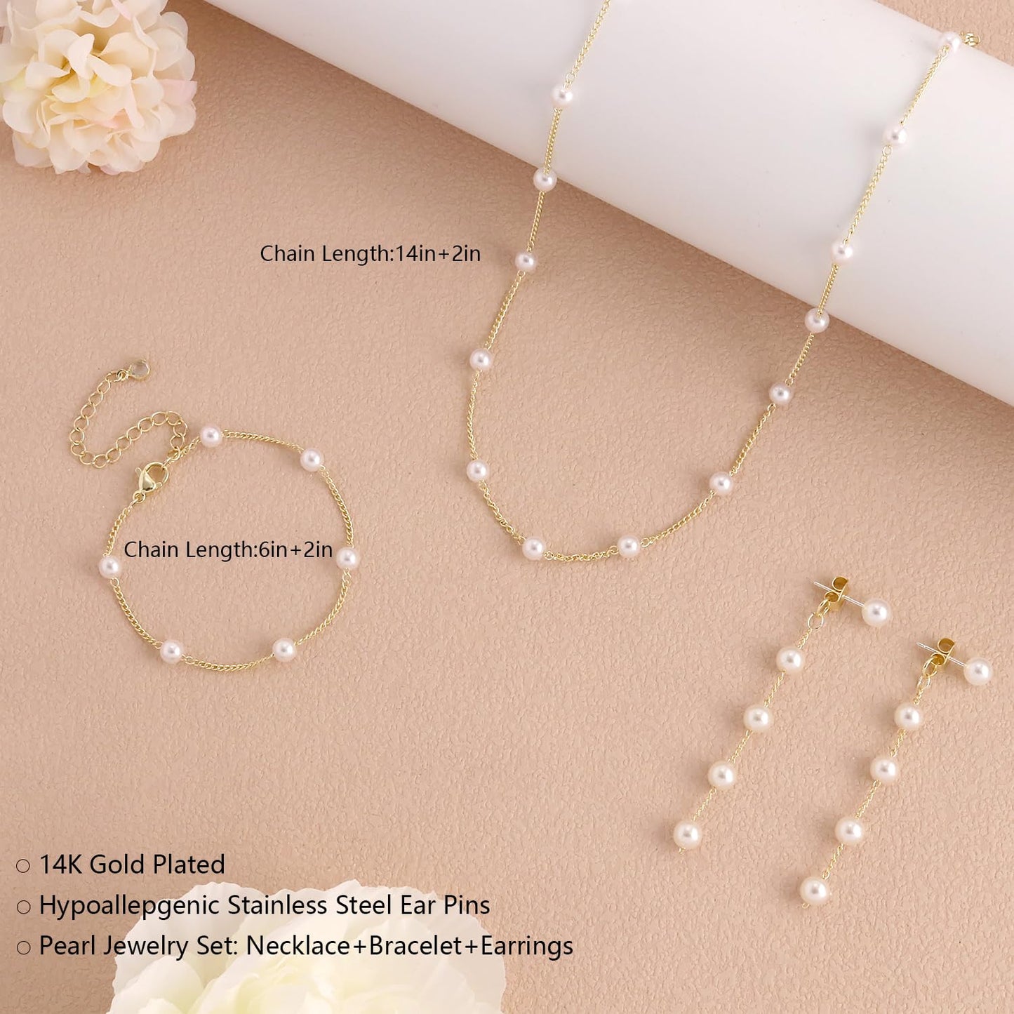 KXIEER Gold Jewelry Set for Women,Dainty 14K Gold Plated Pearl Necklace and Earring Set Pearl Drop Earrings Pearls Bracelets Pearls Choker Necklace Wedding Jewelry for Women Gift