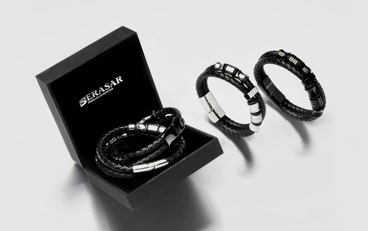 SERASAR 9″ Silver Leather Bracelets for Men Mens Cowhide Gift Box Braided Bracelet Stainless Steel Jewelry Wrist Band Cuff Wrap Rope Bangle Dad Pulseras para Hombres Cuero Regalo