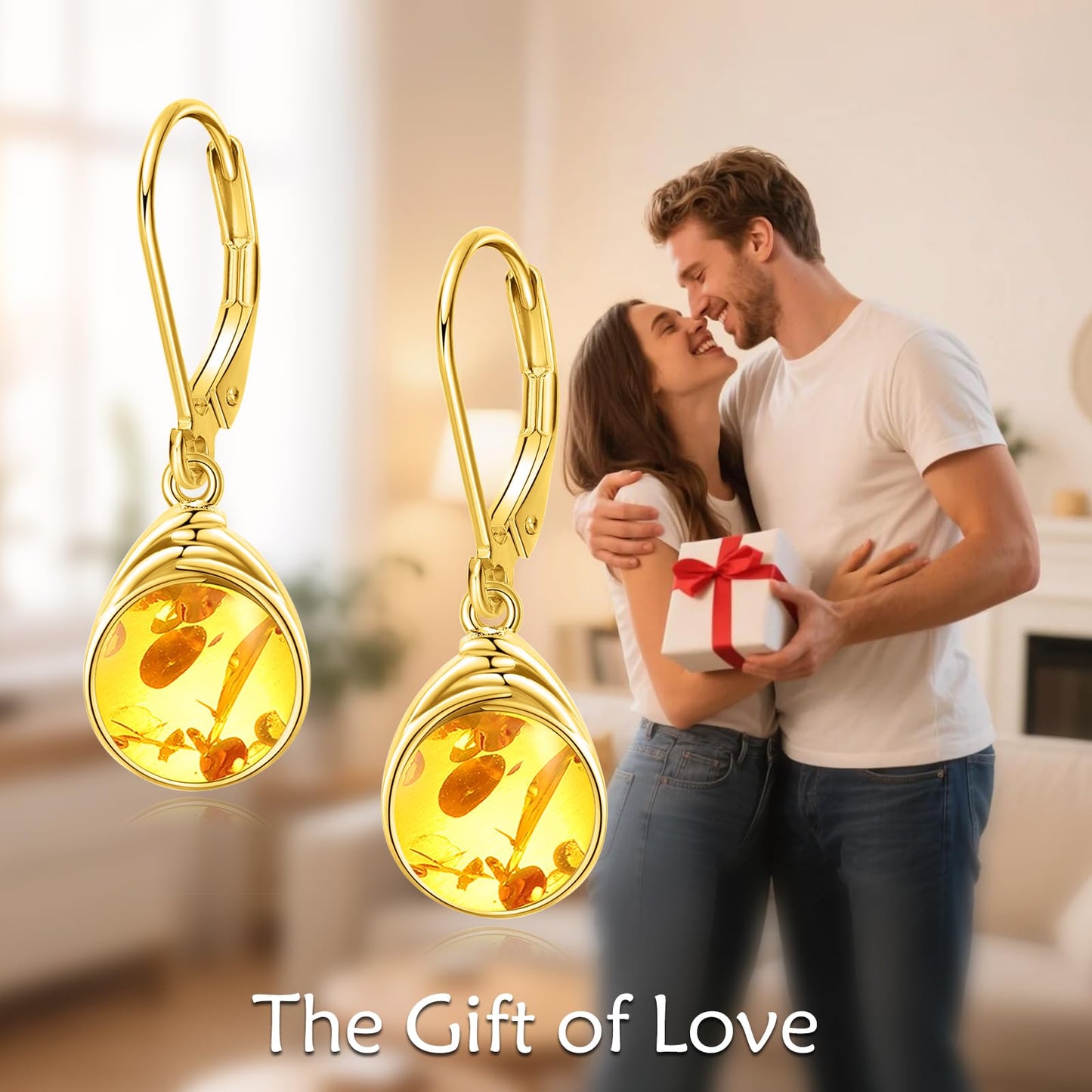 POPLYKE Amber Earrings Gold Plated Dangle for Women 925 Sterling Silver Leverback Earrings Teardrop Amber Jewelry Gifts Christmas Birthday