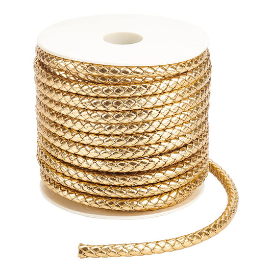 BENECREAT 16Yards Gold Round Braided Leather Cord, 7mm Wide PU Imitation Leather Beading Cord Rope for Jewelry Making, Necklaces, Bracelets, Wraps, Crafts