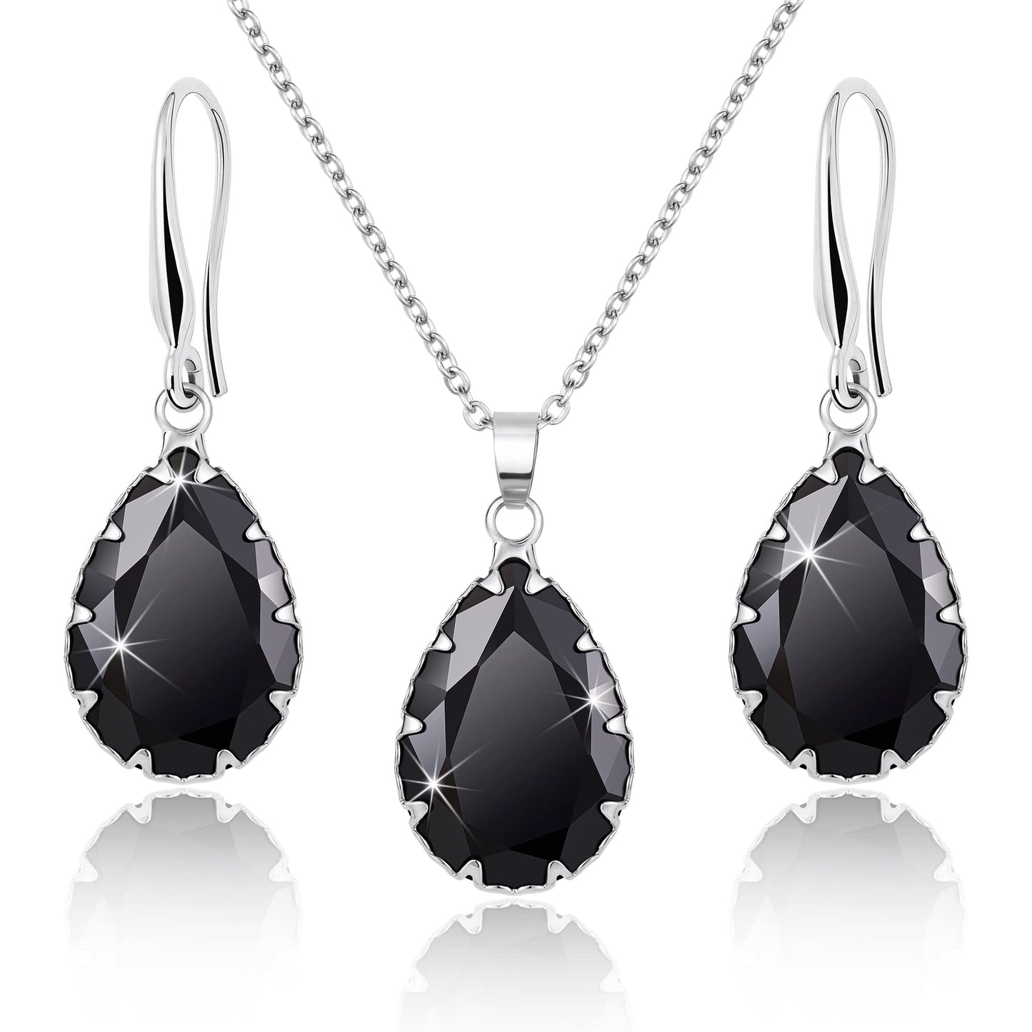 Linawe Gothic Black Crystal Necklace, Silver Jewelry Sets for Women, Imitation Diamond Pendant Drop Dangle Earrings, Rhinestone Boho Wedding Jewelry Cubic Zirconia Birthstone