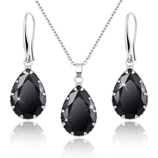 Linawe Gothic Black Crystal Necklace, Silver Jewelry Sets for Women, Imitation Diamond Pendant Drop Dangle Earrings, Rhinestone Boho Wedding Jewelry Cubic Zirconia Birthstone
