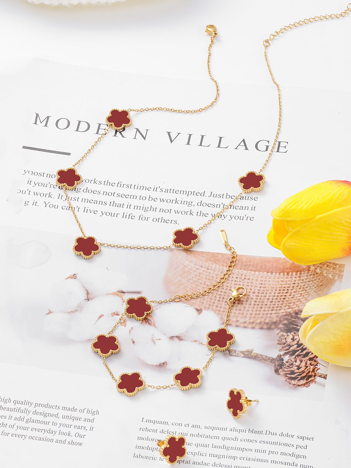 Qinpan Five Leaf Clover Necklace Bracelet and Stud Earrings Set for Women Lucky Flower Jewelry (Burgundy-14K Gold Plated)